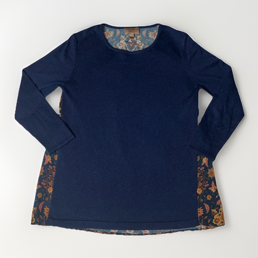 Anthropologie Kachel Shirt Blouse Size 4 Navy Blue Floral Flowy‎ 3/4 Sleeve